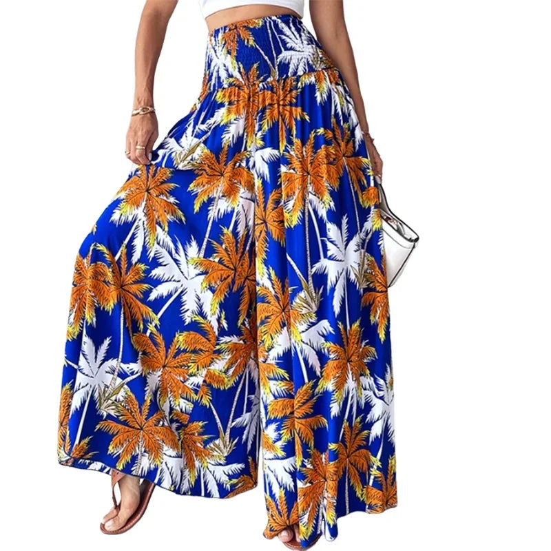 Women's,Cool Countryside Style Printed Wide Leg Pants Wide Elastic Band Waist