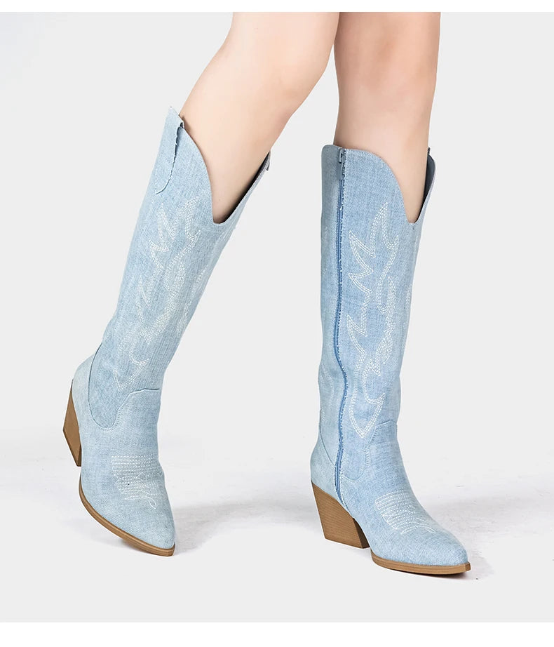 Embroidered Western Cowgirl Boots, Pointed Toe, Thick Heel,  Knee High Boots