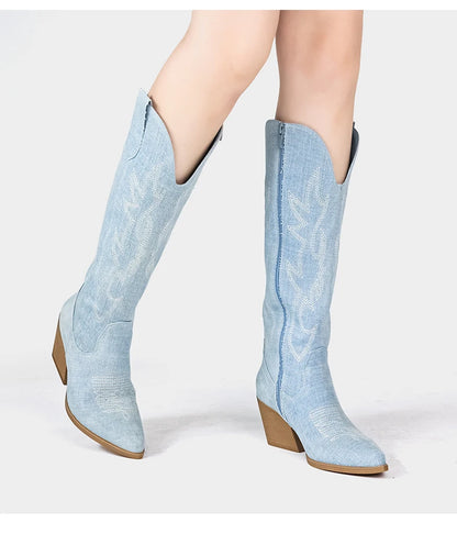 Embroidered Western Cowgirl Boots, Pointed Toe, Thick Heel,  Knee High Boots