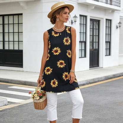 Boho Sunflower Print Loose Dress Fashion Casual Sleeveless Midi Dress