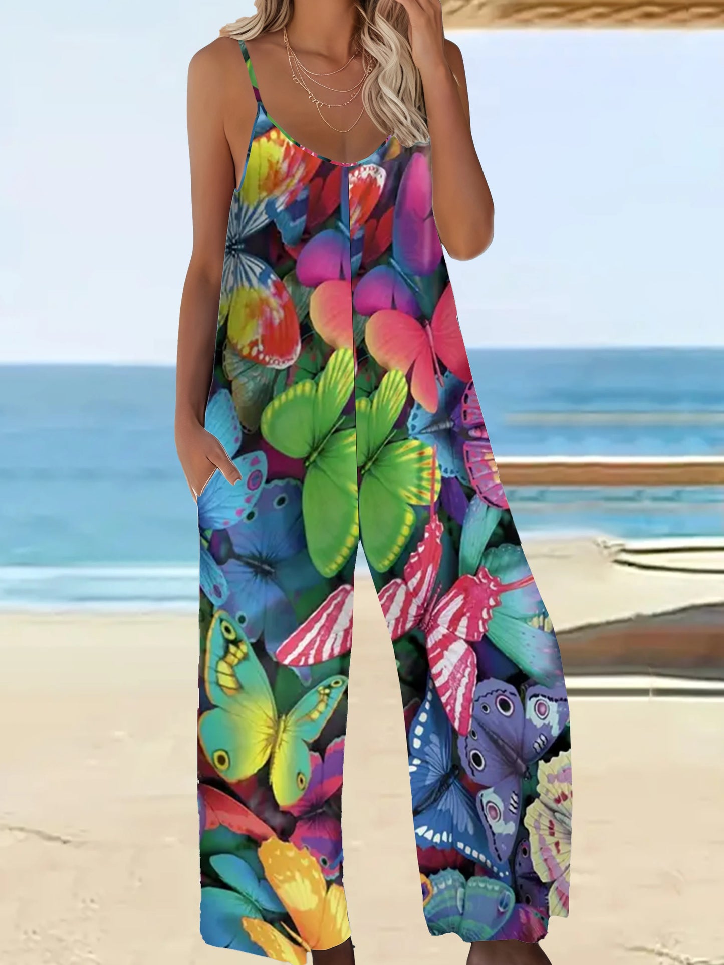 Sizes to 5XL. Boho Print Elegant Loose Fit Jumpsuit with Pockets and Spaghetti Straps