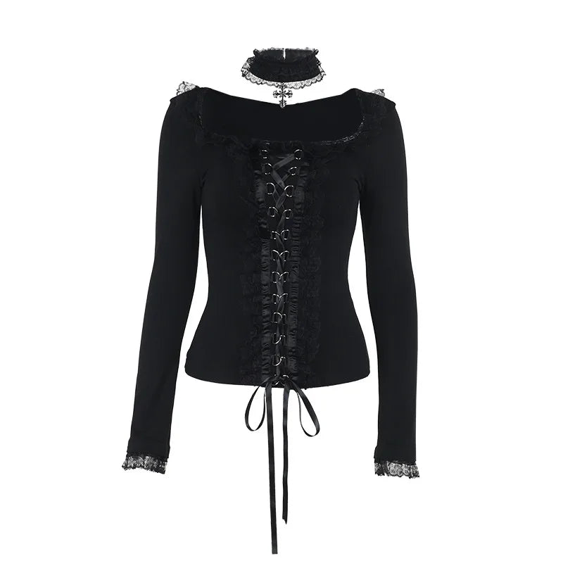 Goth Black Lace Trim Long Sleeve Vintage Sexy Lace-up Top with Choker Cross