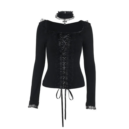 Goth Black Lace Trim Long Sleeve Vintage Sexy Lace-up Top with Choker Cross