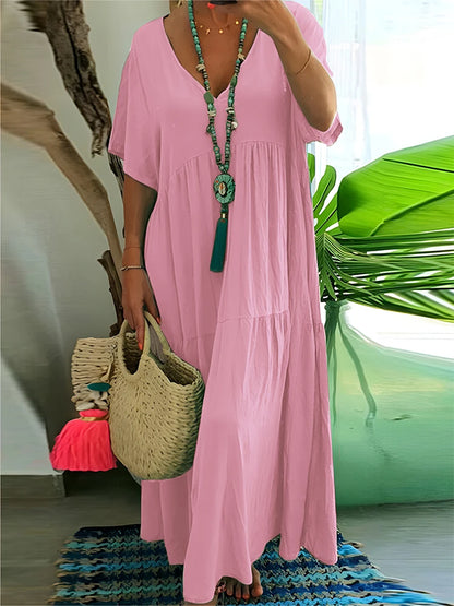 Sizes to 5XL, Loose Casual Midi Dress, V-neck, Short Loose Sleeves