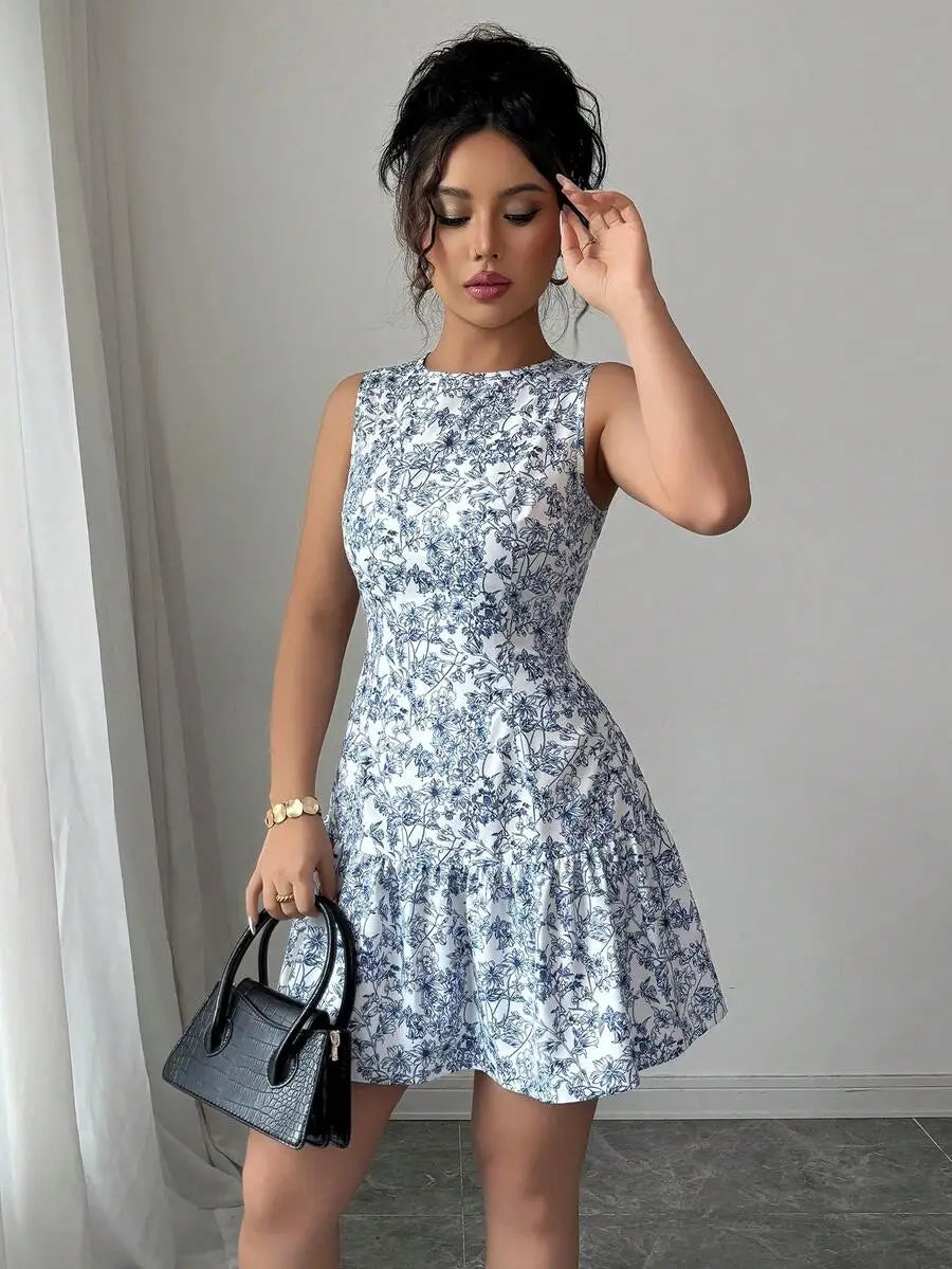 Boho And French-Style Blue And White Floral Dress, Sleeveless With A Round Neckline