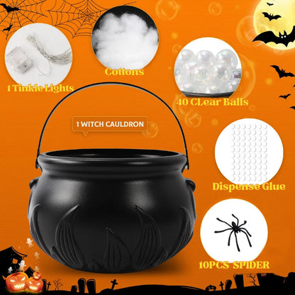 Indoor Halloween DIY Bubbling Witch Cauldron. Consists of 1 witch cauldron, cotton filling, 40 clear balls, and a string of twinkling lights, glue, and 10 simulated spiders.