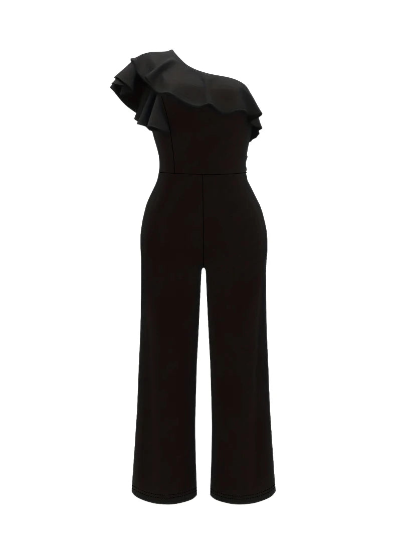 High-End Black Jumpsuit Slanted Shoulder Ruffle Edge Cinched Waist Slimming Effect Wide Leg Pants