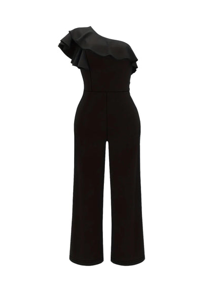 High-End Black Jumpsuit Slanted Shoulder Ruffle Edge Cinched Waist Slimming Effect Wide Leg Pants
