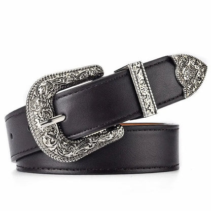 Vintage Carved Needle Buckle Belt PU Leather Belt