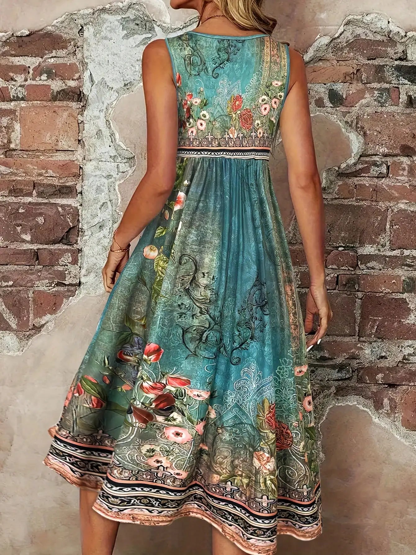 Boho Floral Sleeveless Dress Vintage Turquoise Print Crew Neck High Waist A Line Midi Sundress