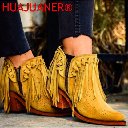 Short Walking with Western Flair, Suede, Low Heel Round Toe, Tassel Ankle Boots with Side Zipper Closure. In Gold and Off White