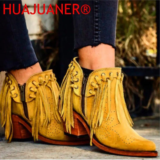 Short Walking with Western Flair, Suede, Low Heel Round Toe, Tassel Ankle Boots with Side Zipper Closure. In Gold and Off White