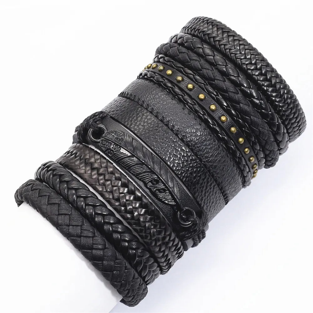 10 Pcs/set Black Wrapped and Woven Handmade Bracelets Male or Women Leather Bracelets