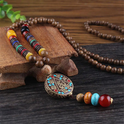 Long Wooden Beaded Tassel Boho  Necklace Nepal Wood Beads