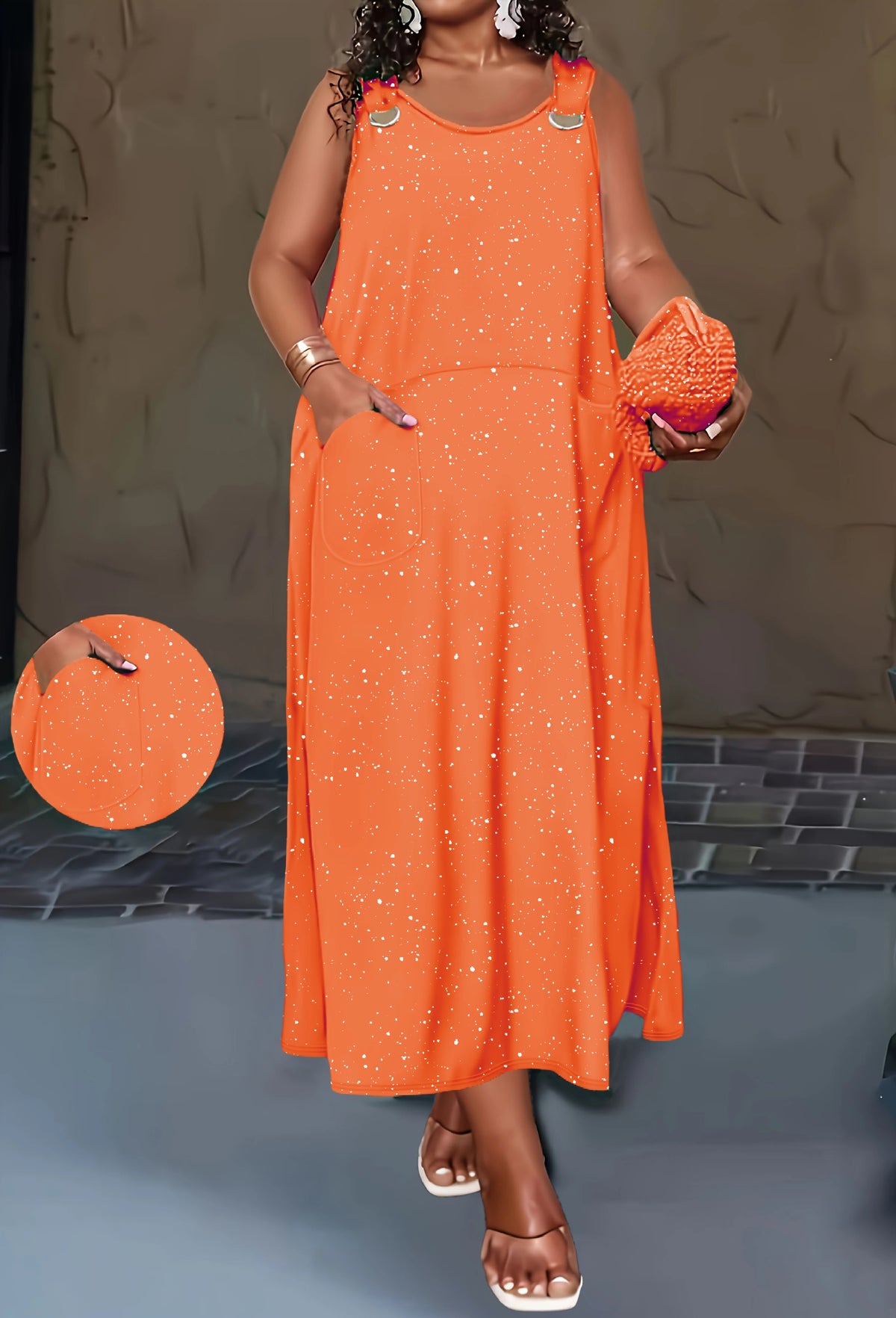 Sizes to 6XL, Women's Solid-Color Powder-Sprinkled Tank Top Dress with Side Pockets