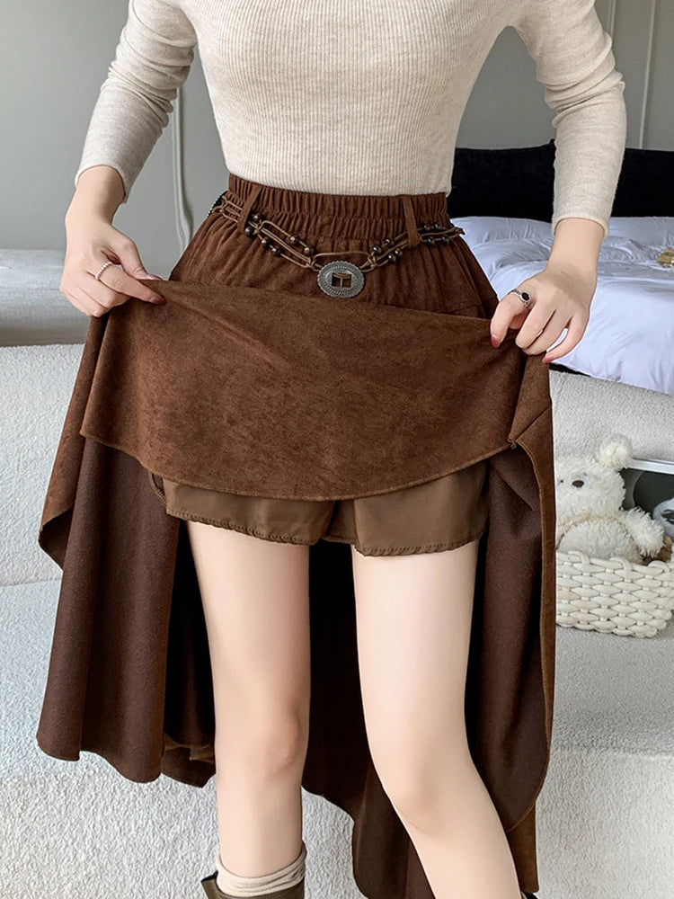 Boho Retro Asymmetrical Suede Midi Skirt with Elastic Waist