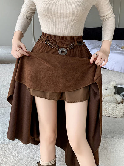 Boho Retro Asymmetrical Suede Midi Skirt with Elastic Waist