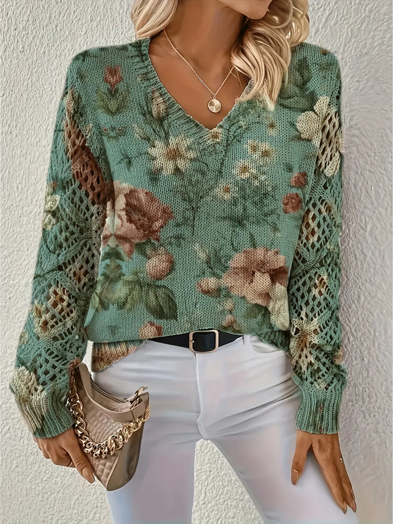 Boho Floral Print V Neck Crocheted Long Sleeved Sweater with Hollowed Out Knit Sleeves in 12 Different Designs