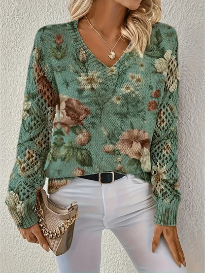 Boho Floral Print V Neck Crocheted Long Sleeved Sweater with Hollowed Out Knit Sleeves in 12 Different Designs