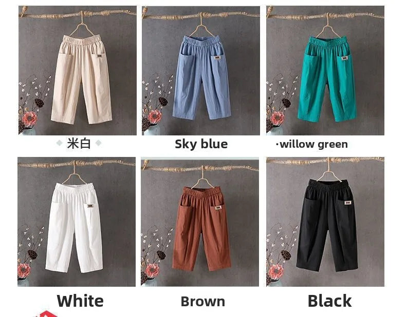 Cotton Linen Cropped 3/4 Length Pants, Loose, Linen with Elastic Waist and Pockets