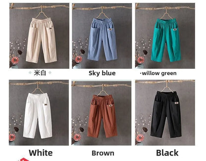 Cotton Linen Cropped 3/4 Length Pants, Loose, Linen with Elastic Waist and Pockets
