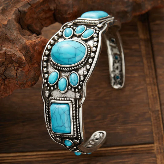 Vintage Bohemian Jewelry Cuff Bracelet with Faux Turquoise Opening Adjustable