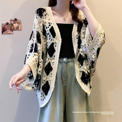 Bohemian Style Hollowed-out Long Sleeve Light Weight Sweater with V Neck and Batwing Sleeves
