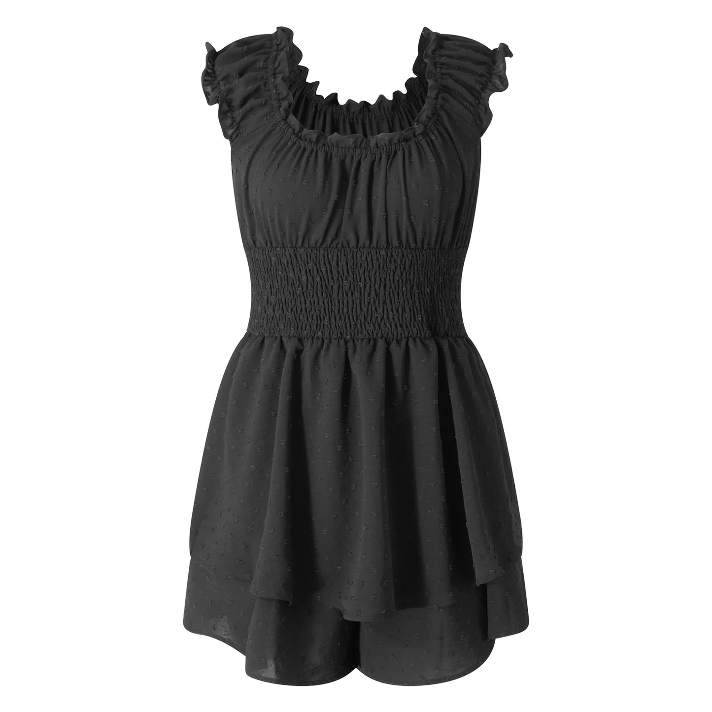 Boho Dotted Swiss, Short Sleeve, High Elastic Waist, Ruffle Hem, Short Jumpsuit, Can be Worn Off the Shoulders