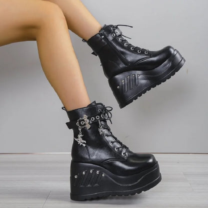 Punk Goth Platform Heels Wedge Heeled Boots, Tie and Strap Closures