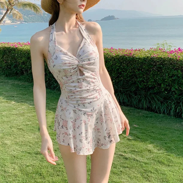 One piece swimsuit with attached skirt Waist Tightening for slimming