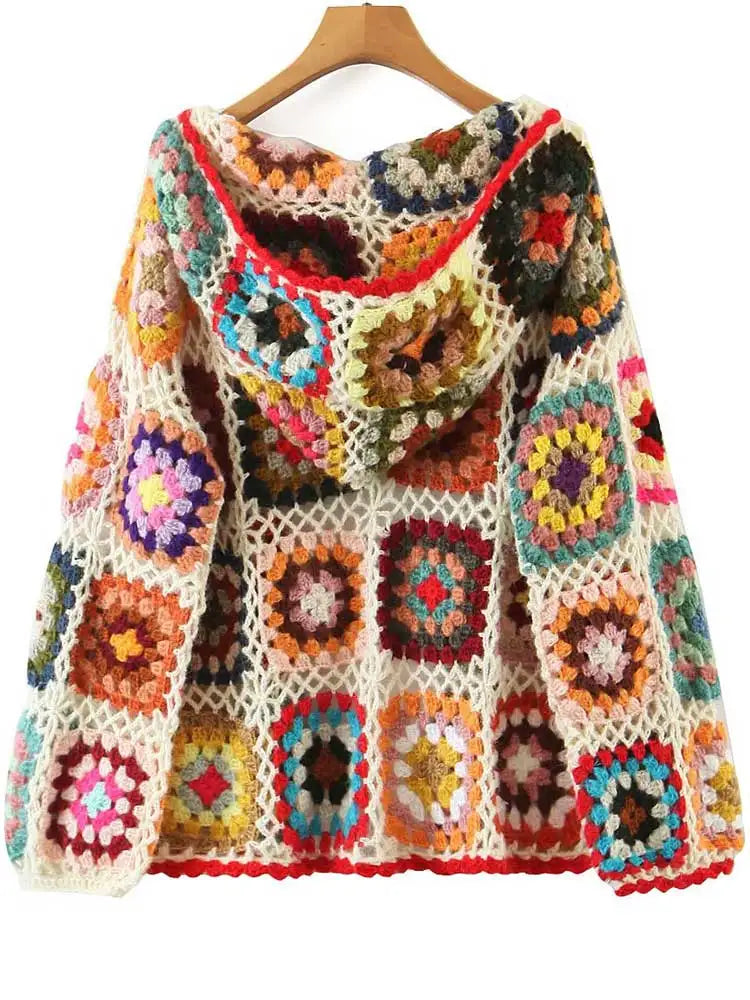 Boho hand-made crocheted cardigan, Square pattern, loose knitted cardigan, Hooded with long sleeves