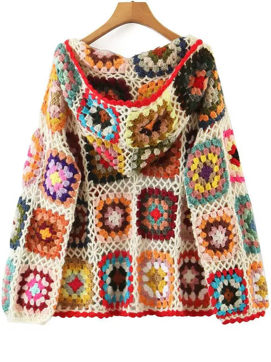Boho hand-made crocheted cardigan, Square pattern, loose knitted cardigan, Hooded with long sleeves