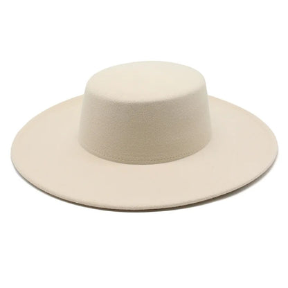 French Wide Brim Women's Fedora Wool Hat  Flat Top Felt in Marigold, White, and Black.