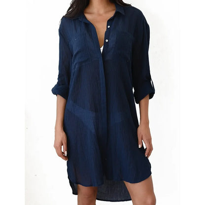 Cotton Tunic for Beach Swimsuit Cover-up or a Long, Thin Blouse in Dark Blue, White, Teal, or Black