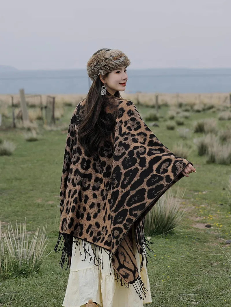 Vintage Boho Leopard Print Soft Over-the-Head Cloaks With Tassels