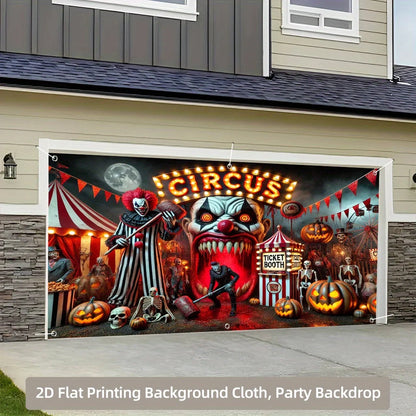 Graphic Printed Heavy Cloth Backdrop, Horror Clown Circus Scene, Polyester Garage Door Backdrop, Washable and Reusable