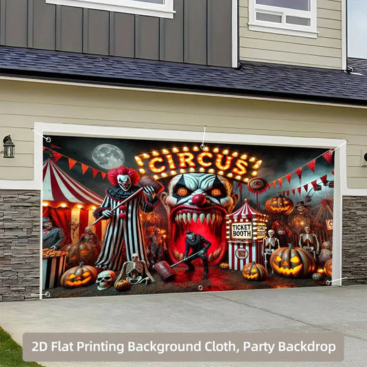 Graphic Printed Heavy Cloth Backdrop, Horror Clown Circus Scene, Polyester Garage Door Backdrop, Washable and Reusable