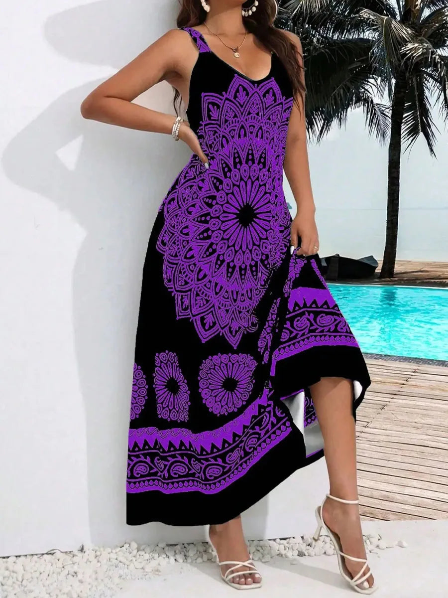 Summer Plus Size Women's Suspender Bohemian Dress Backless Dress