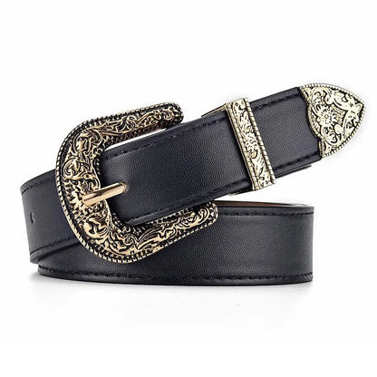 Vintage Carved Needle Buckle Belt PU Leather Belt