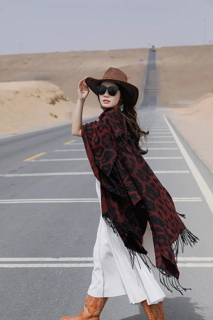 Vintage Boho Leopard Print Soft Over-the-Head Cloaks With Tassels