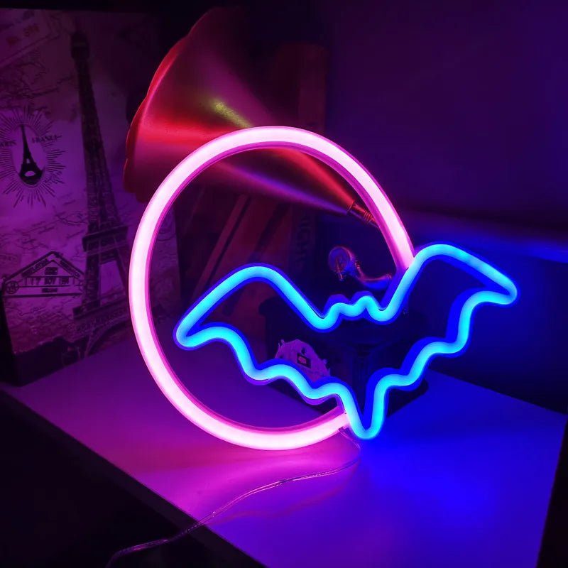 Moon and Bat Halloween Decorative LED Neon Light