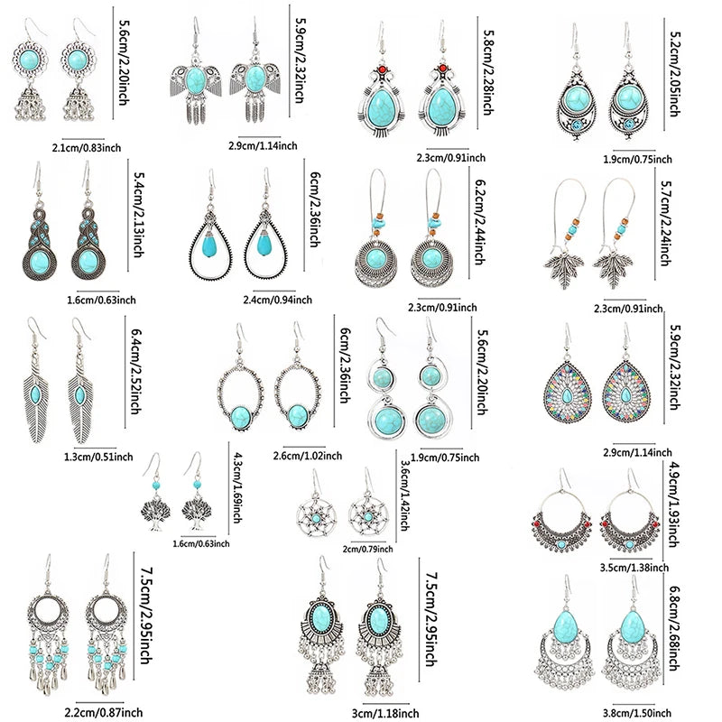 Vintage Tibetan Silver Geometric Turquoise Drop Dangle Earrings. 34 Variations