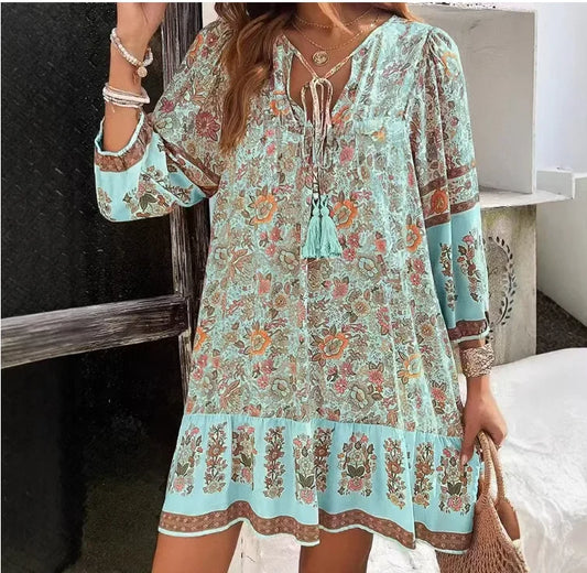 Sizes to 2XL. Boho Casual Print Loose Dress, Long Sleeve, Lace-up V-Neck, Short Vintage Pullover