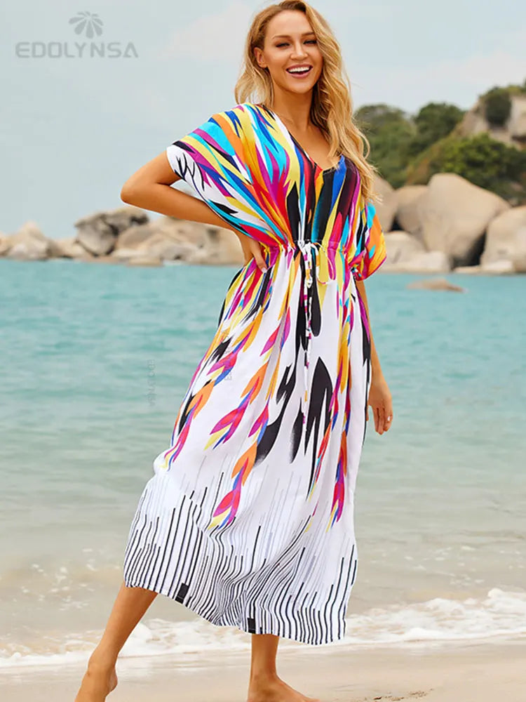 Embroidered 3/4 Sleeve Cotton Kaftan Swimsuit Cover Up Lounging Robe . 14 Designs