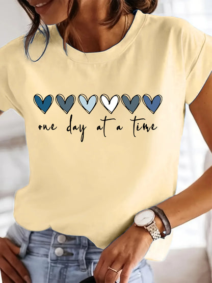 Women'S Casual Graphic  "One Day at a Time" Heart Print Short Sleeve Round Neck