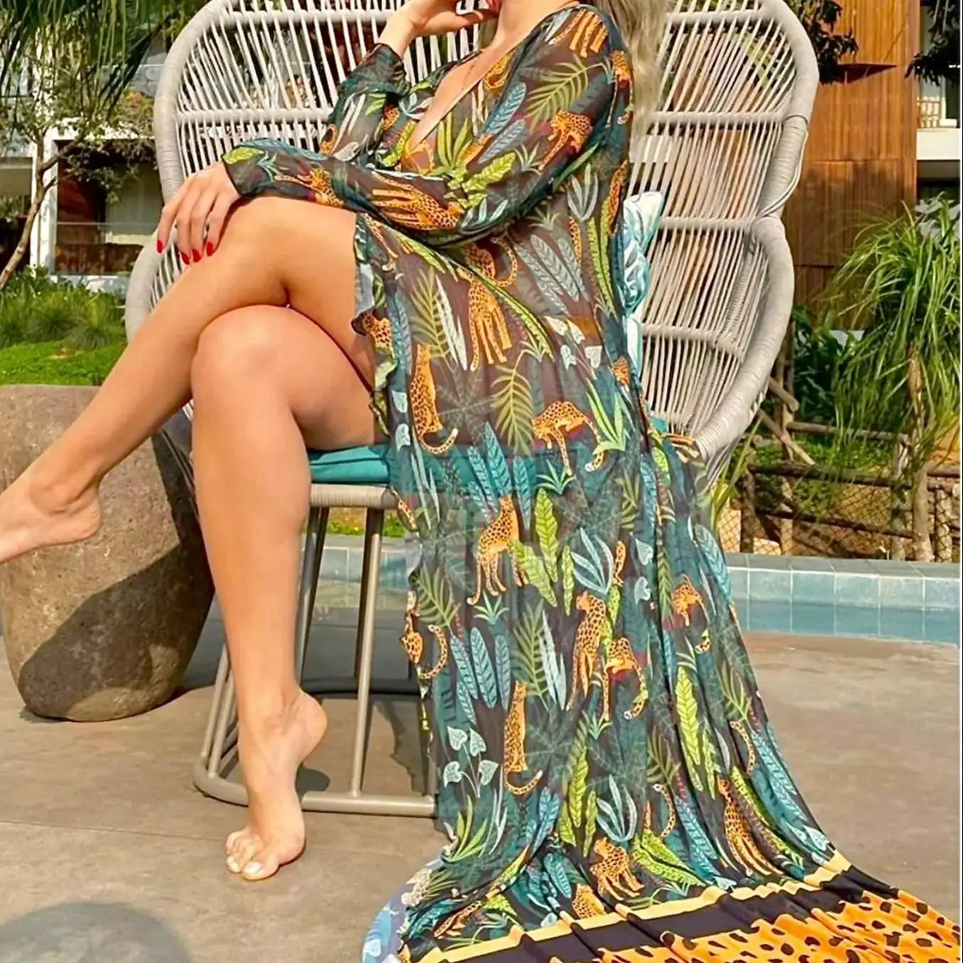 Chiffon Tie Robe with Large Swing Ruffles and Puff Sleeves