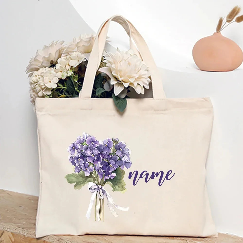 Personalized Shoulder Bag Birth Month Flower and Name Tote Bag, Monogrammed Canvas Bags