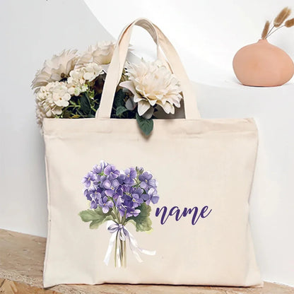 Personalized Shoulder Bag Birth Month Flower and Name Tote Bag, Monogrammed Canvas Bags