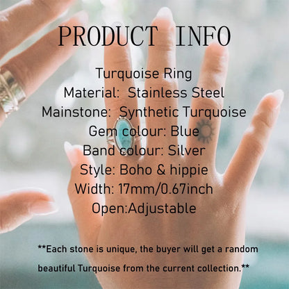 1pc Boho Turquoise Ring Stainless Steel Light Blue Gemstone Silver Adjustable Ring
