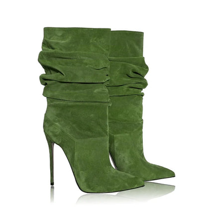 Women Beige Suede Slouch Pointed Toe Stiletto Ankle Boots in Multi-colors: Red, Hot Pink, Grey, Black, Green, Brown, and Purple
